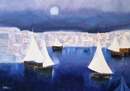 Art work by Lido Bettarini Marina con vele bianche - oil canvas 